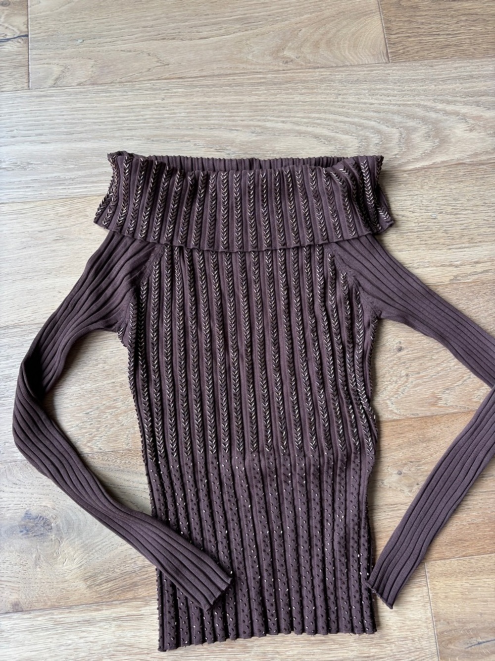 Y2k cache beaded off the shoulder ribbed sweater brown mediu